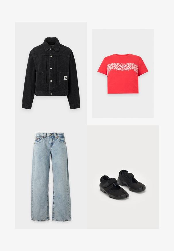 Sort kort denimjakke med diskret leopardprint, sølvknapper, to forlommer og en lille hvid logopatch på højre lomme.; Rød cropped t-shirt med hvid blomstret bånd hen over brystet og "Roxy"-logo centreret over det blomstrede mønster.; Lyseblå denimjeans med brede ben, høj talje, fem lommer, bæltestropper, frontknap og lynlås, vist mod en neutral baggrund.; Sorte vandsko lavet af fleksibelt stof med en velcrorem, der har et unikt split-tå design og en tekstureret gummisål for bedre greb.