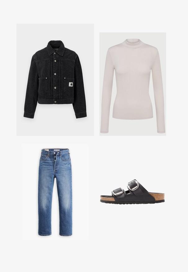 Zwarte cropped spijkerjack met subtiele luipaardprint, zilveren knopen, twee voorzakken en een klein wit logoplaatje op de rechterzak.; Lichtbeige lange mouw turtleneck top gemaakt van een zachte, rekbare stof. Aansluitend ontwerp met een geribbelde textuur en standaard manchetten.; Blauwe denim jeans met een hoge taille, rechte pijpen en vervaagde delen. Voorzien van voorzakken en metalen details.; Zwarte sandaal met twee verstelbare banden, zilveren gespen en een kurken voetbed op een gestructureerde zwarte rubberen zool.