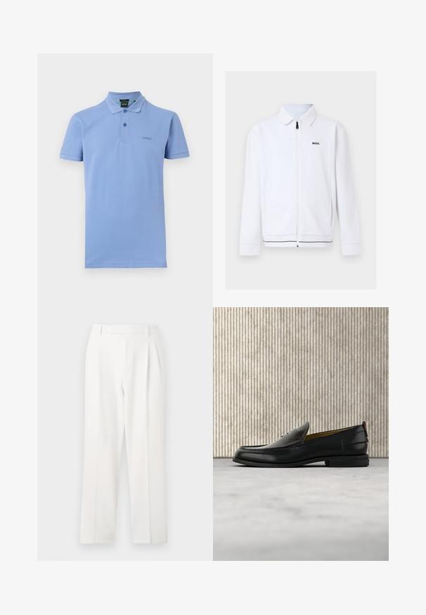 Veste blanche zippée à manches longues avec col, logo noir "BOSS" sur la poitrine et fines rayures noires près de l'ourlet.; Polo bleu clair à manches courtes avec col et deux boutons, arborant un petit logo "BOSS" discret sur le côté gauche de la poitrine.; Pantalon blanc sur mesure avec une coupe droite, présentant des plis, un devant plat et une texture de tissu lisse. Aucune poche ni accent visible.; Mocassin pour homme en cuir noir avec un dessus embossé effet croco et un petit talon, présenté de profil sur un fond neutre.
