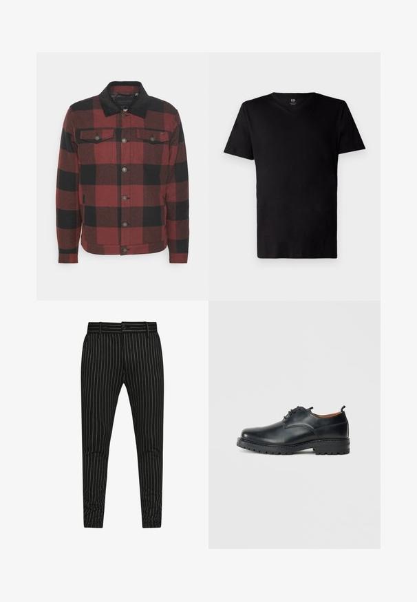 Only & Sons ONSLOUIS CHECK JACKET - Veste légère - bordeaux; T-shirt noir en V fabriqué en coton doux. Manches courtes et coupe standard, avec un design simple et sans marque et une texture lisse.; Pantalons rayés noirs avec des fines rayures blanches verticales, une coupe slim, et une fermeture à bouton avec passants de ceinture pour un ajustement réglable.; Chaussures derby en cuir noir avec une texture lisse, bout rond, design à lacets et une semelle en caoutchouc épaisse et robuste.