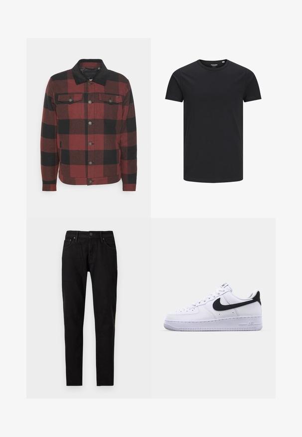 Only & Sons ONSLOUIS CHECK JACKET - Lichte jas - bordeaux; Zwarte katoenen T-shirt met een ronde hals, korte mouwen en een eenvoudig ontwerp. Soepele textuur, geen patronen of zichtbare hardware.; Zwarte slim-fit jeans met voorste knoop- en ritssluiting, ceintuurlussen en twee voorzakken zichtbaar op een witte achtergrond.; Witte leren sneaker met een gestructureerde zwarte Swoosh, platte veters en een rubberen zool met een geribbeld patroon. "AIR" is in de hak geperst.