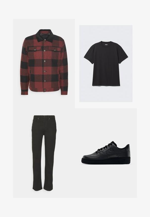 Only & Sons ONSLOUIS CHECK JACKET - Lichte jas - bordeaux; Zwarte korte mouwen T-shirt van katoen. Kenmerkt zich door een ronde halslijn en een ontspannen pasvorm. Eenvoudig ontwerp zonder zichtbare patronen of accenten.; Zwarte denim jeans met een rechte pijp, vijf zakken en een knoopsluiting. Glad textuur en minimalistische stijl.; Zwarte Nike Air Force 1 sneaker met een gladde leren bovenkant, geperforeerde neus voor ademend vermogen, zwarte veters en een getextureerde rubberen zool.