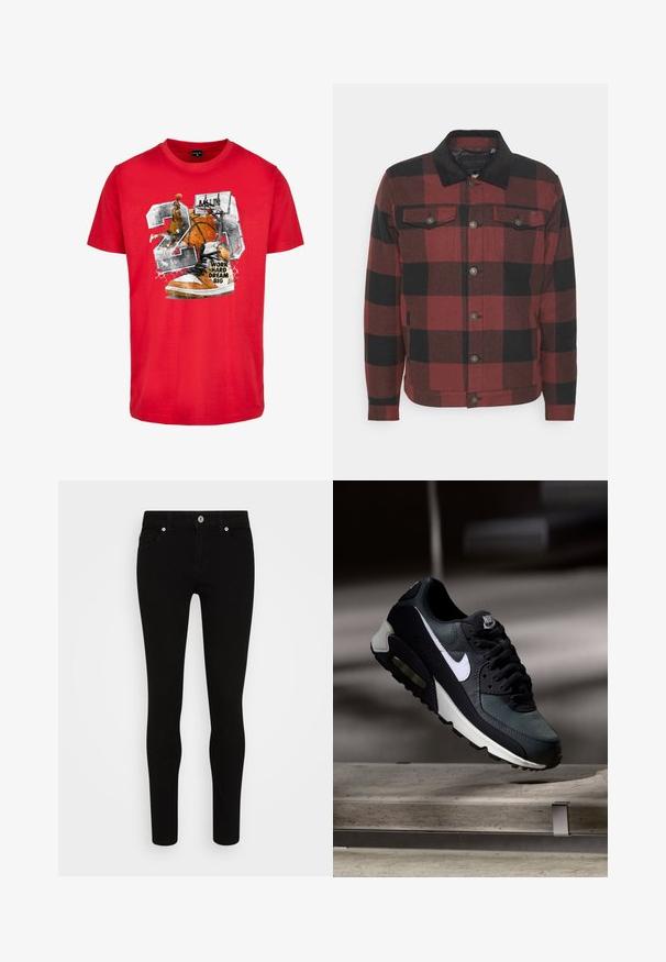 Only & Sons ONSLOUIS CHECK JACKET - Let jakke / Sommerjakker - bordeaux; Rød bomulds T-shirt med et grafisk motiv af en basketball, en sneaker og teksten "ARBEJD HÅRD DRØM STORT." Designet indeholder sorte og orange detaljer.; Sorte skinny jeans med en glat tekstur, fem lommer, frontlukning med knap og en slank silhuet. Minimalistisk stil uden synlige mønstre.; Sort og grå Nike Air Max sneaker med hvid swoosh, ophængt over en betongulv mod en sløret mørk baggrund.