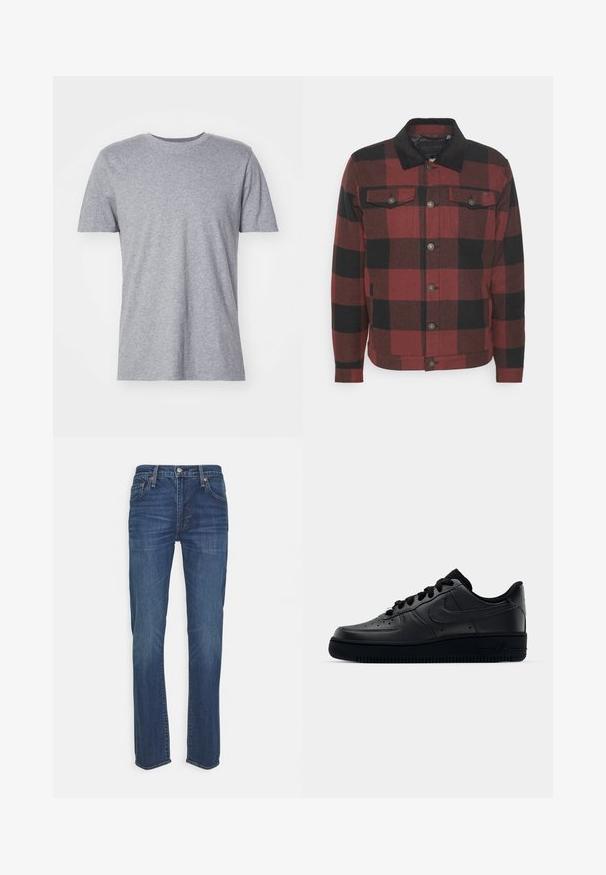 Only & Sons ONSLOUIS CHECK JACKET - Chaqueta fina - bordeaux; Camiseta gris de manga corta hecha de una mezcla de algodón, con un clásico cuello redondo y una textura lisa y suave.; Jeans de mezclilla azul oscuro de corte recto, con un diseño clásico de cinco bolsillos, acentos de costura y una bragueta con cremallera y cierre de botón.; Zapatilla Nike Air Force 1 negra con parte superior de cuero liso, puntera perforada para transpirabilidad, cordones negros y suela de goma texturizada.