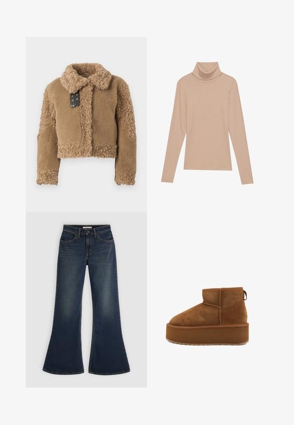 Veste en teddy shearling marron court avec un grand col et un détail de boucle en cuir noir sur la fermeture à l'avant.; Haut col roulé à manches longues en vissage beige, présenté à plat sur un fond clair.; Jean flare bleu foncé avec fermeture par bouton et zip, passants de ceinture, poches avant et détails subtils effacés sur les cuisses.; Bottines en suede marron avec un bout rond et une semelle plateforme. Présente un petit talon et une lanière pour un enfilage facile. Surface texturée avec des détails de couture.