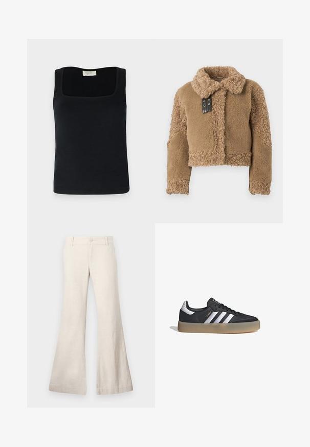Chaqueta corta de teddy marrón con forro de borreguito, con gran cuello y detalle de hebilla de cuero negro en el cierre frontal.; Top sin mangas negro con escote cuadrado, hecho de una tela suave. Diseño simple sin patrones ni acentos visibles.; Pantalones beige acampanados confeccionados en una mezcla de lino ligera. Cuentan con un cierre de botón en la parte delantera y bolsillos laterales. Textura suave, diseño casual.; Zapatilla deportiva de cuero negro con tres rayas plateadas, punta texturizada y suela de goma. Cuenta con un collar acolchado y un diseño con cordones.