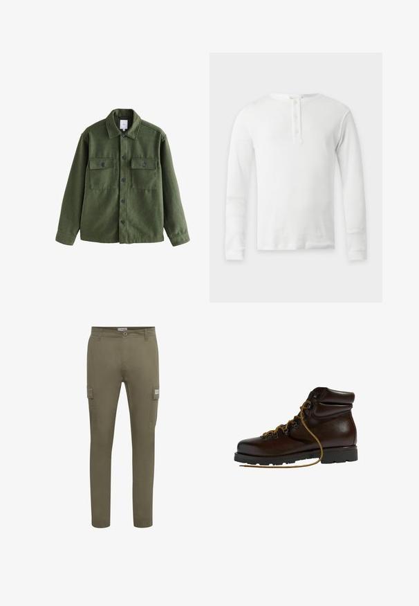 Chaqueta verde oliva con botones, dos bolsillos delanteros con solapa, mangas largas y cuello clásico, mostrada sobre fondo blanco.; Camiseta térmica blanca de manga larga con cuello redondo y tapeta de tres botones, presentada plana sobre un fondo claro.; Pantalones cargo verde oliva fabricados con un tejido ligero, con un corte recto, bolsillos laterales y puños elásticos en los tobillos.; Botas de senderismo de cuero marrón con punta redondeada, superficie texturizada, cordones amarillos y ojales de metal. Cuentan con una suela de goma negra resistente.