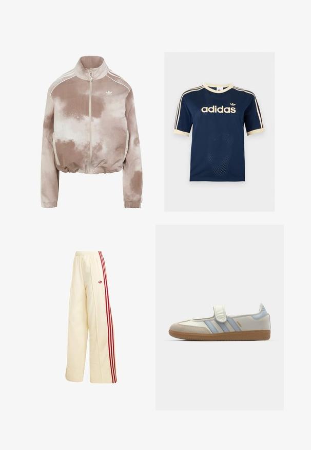 adidas Originals FADE HALF-ZIP - Chaqueta de entrenamiento - beige; Camiseta de manga corta de malla azul marino de Adidas con ribete crema, tres rayas crema en las mangas y logo de Adidas en el pecho.; Pantalones deportivos de pierna ancha en color crema con rayas rojas en los laterales, cintura elástica, bolsillo con cremallera y logo rojo de Adidas en el muslo.; adidas Originals SAMBA JANE BALLERINA - Bailarinas con hebilla - cloud white/halo blue