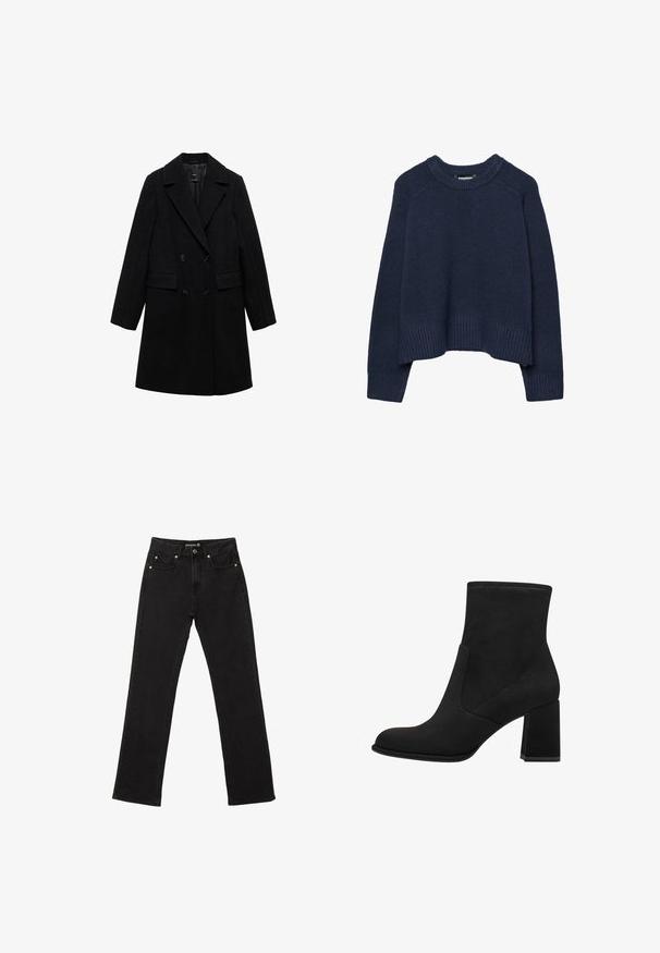 Schwarzer Wollmix-Doppelreiher mit Reverskragen, zwei vorderen Taschen und schwarzen Knöpfen, der ein glattes, strukturiertes Design aufweist.; Marineblauer Strickpullover mit rundem Ausschnitt, geripptem Saum und Raglanärmeln. Hergestellt aus weichem Material für Komfort und Wärme.; Schwarze Jeans aus Denim im geraden Schnitt, mit fünf Taschen und dezenten Kupferriegel-Akzenten. Hergestellt aus robustem Baumwollstoff.; Schwarze Knöchelstiefel mit Blockabsatz, aus weichem Wildleder. Mit einer abgerundeten Zehe und glatten Seitenpaneelen mit detaillierter Naht.