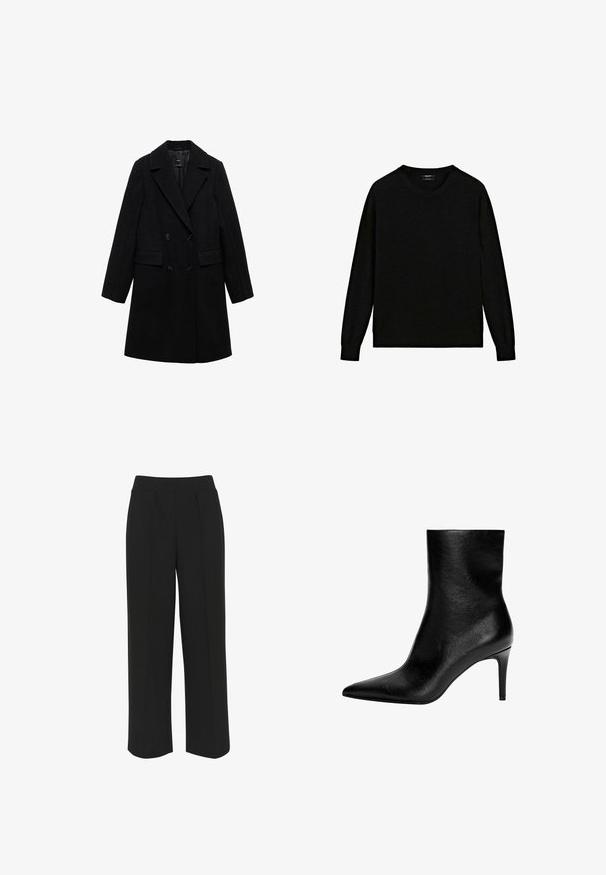 Sort uldblandings dobbeltradet frakke med notch-lapel, to forlommer og sorte knapper, med et glat, struktureret design.; Sort pullover-sweater lavet af blødt strikket stof, med en rund halsudskæring og lange ærmer med ribstrikkede manchetter og kant.; Sorte bukser med bredde ben og flad talje, med forreste folder og en glat tekstur. Ingen synlige lommer eller metaldele.; Sort læder ankelstøvle med en slank silhuet, spids tå og høj stiletthæl. Glat tekstur, minimalistisk design uden synligt hardware.