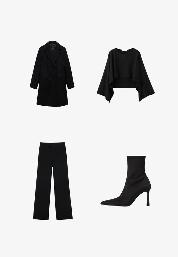 Sort uldblandings dobbeltradet frakke med notch-lapel, to forlommer og sorte knapper, med et glat, struktureret design.; Sort kort top med brede, flydende lange ærmer og rund halsudskæring, lavet af blødt stof.; Sorte vidde bukser lavet af glat stof, med en frontknaplukning og to plissee for ekstra detaljer. Skræddersyet design i det hele taget.; Sorte ankelstøvler lavet af glat stof, med spidse tåer, slank tætsiddende design og høje stiletter, med minimal syning.