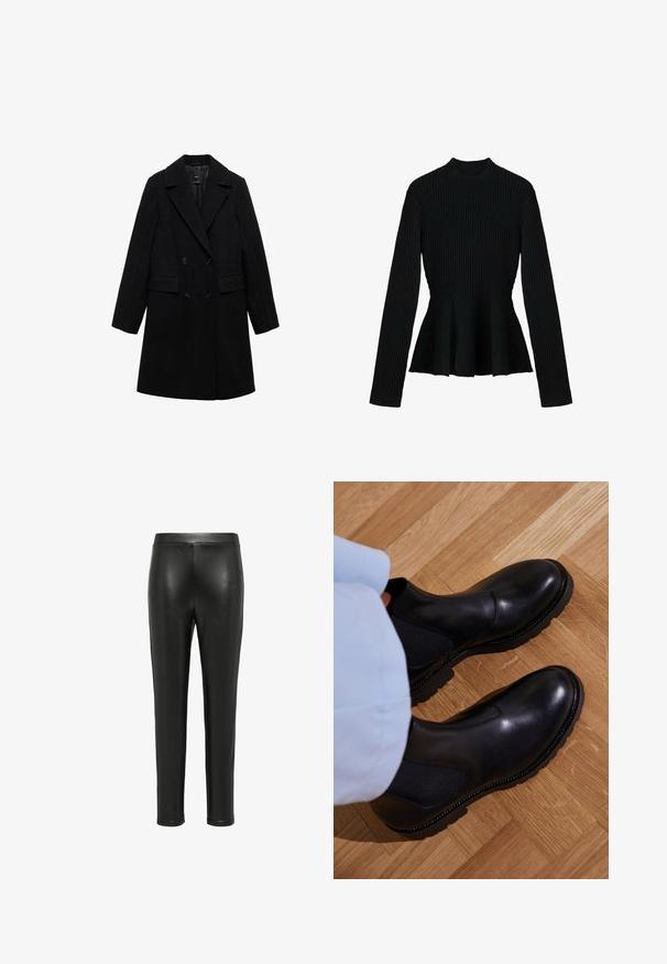 Schwarzer Wollmix-Doppelreiher mit Reverskragen, zwei vorderen Taschen und schwarzen Knöpfen, der ein glattes, strukturiertes Design aufweist.; Schwarzes, gestreiftes Langarmoberteil mit hohem Kragen und einem peplumförmigen Saum, das aus einem strukturierten Stoff besteht und eine taillierte Silhouette bietet.; Schwarze Lederleggings mit einer taillierten Passform, glatter Textur und hoher Taille. Die Beine verjüngen sich bis zur Knöchellänge, ohne sichtbare Hardware.; Schwarze Knöchelstiefel aus glattem Leder mit elastischen Seiteneinsätzen, einer strukturierten Gummisohle und kontrastierenden Nähten entlang der Kante.
