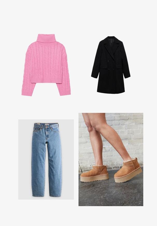 Sort uldblandings dobbeltradet frakke med notch-lapel, to forlommer og sorte knapper, med et glat, struktureret design.; Beskaaret lyserødt turtleneck sweater lavet af tekstureret kabelstrik, med ribbeder i kraven og manchetterne, lange ærmer og en tæt pasform i kanten.; Lysblå denim jeans med lige ben-design, fem lommer, lynlås og en subtil falmet tekstur. Klassisk stil med minimal hardware.; Brune ruskinds ankelsko med en blød foring, tyk beige plattformsål og en bageste løkke. Tekstureret overflade med synlige sømdetaljer.
