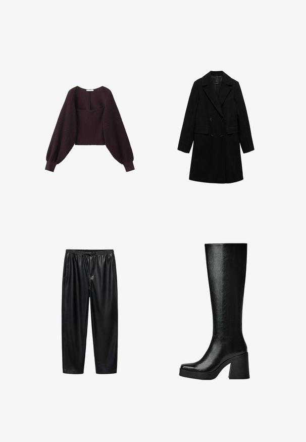 Sort uldblandings dobbeltradet frakke med notch-lapel, to forlommer og sorte knapper, med et glat, struktureret design.; Mørkebrun strikket sweater med brede, lange ballonærmer og tætsiddende ribstrikket krop, med en bred firkantet halsudskæring.; Sorte, glansfulde, syntetiske bukser med elastisk talje og snoretræk. Har cropped længde og to sidelommer. Glat tekstur.; Sort knæhøj læderstøvle med en chunky blokhæl og firkantet tå, vist fra siden på en hvid baggrund.