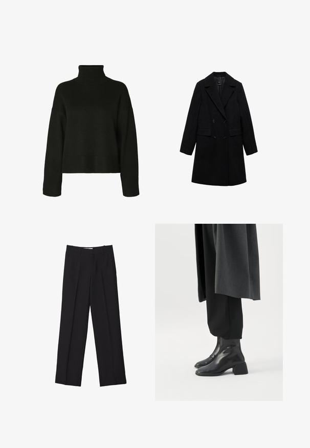 Sort uldblandings dobbeltradet frakke med notch-lapel, to forlommer og sorte knapper, med et glat, struktureret design.; Sort rullekrave sweater lavet af strikket stof. Har lange ærmer, almindelig skuldersøm og ribbede kanter og manchetter for tekstur.; Sorte skræddersyede bukser med lige ben-design, der har dobbelte folder, en glat tekstur og diskrete forreste sømdetaljer.; Sorte læderankelstøvler med lave blokhæle, båret med sorte bukser og en mørkegrå lang frakke.