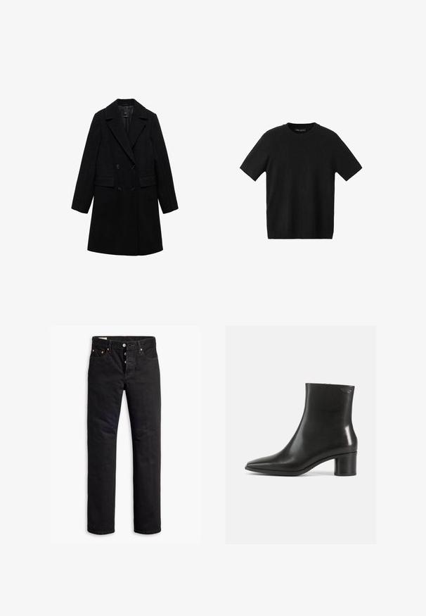 Schwarzer Wollmix-Doppelreiher mit Reverskragen, zwei vorderen Taschen und schwarzen Knöpfen, der ein glattes, strukturiertes Design aufweist.; Schwarzes kurzärmliges Strick-T-Shirt mit Rundhalsausschnitt, mit tailliertem Schnitt und glatter Textur, geeignet für den Freizeitstil.; Schwarze Denim-Jeans mit geradem Schnitt, Fünf-Taschen-Design und Knopfverschluss. Mit Kupfennieten und Nähtelementen.; Schwarzer Stiefelette aus Leder mit spitzer Zehenpartie und mittelhohem Blockabsatz. Glatte Textur und minimalistisches Design. Keine sichtbaren Metallteile.