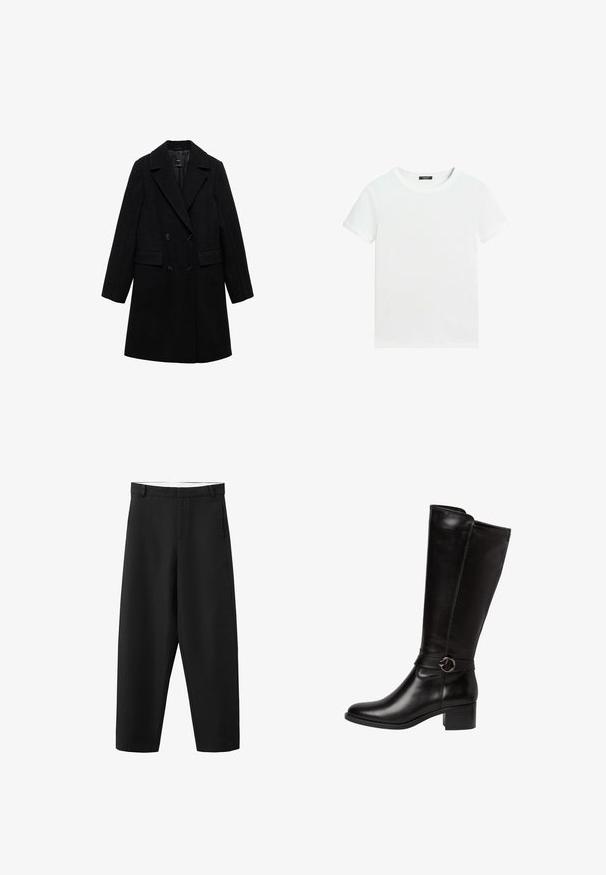 Manteau noir en mélange de laine à double boutonnage avec des revers crantés, deux poches avant et boutons noirs, arborant un design lisse et structuré.; T-shirt blanc uni à manches courtes avec un col rond et une petite étiquette noire à l’intérieur du col.; Pantalon noir à jambes droites avec passants pour ceinture, fermeture éclair à l'avant, et un design épuré et simple, adapté pour une tenue formelle ou décontractée.; Botte en cuir noir montante avec un bout arrondi, une sangle décorative avec une boucle circulaire, et un petit talon carré. Texture lisse et brillante.