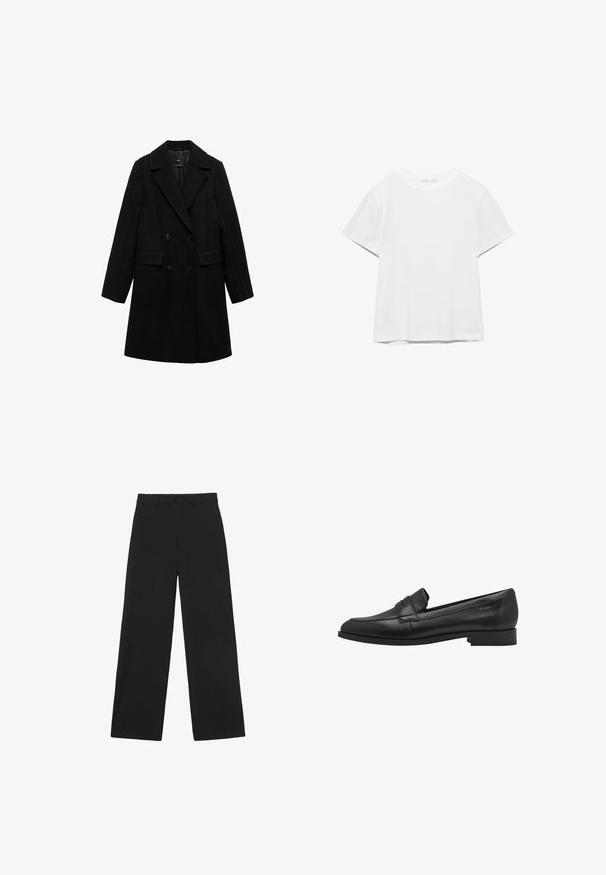 Sort uldblandings dobbeltradet frakke med notch-lapel, to forlommer og sorte knapper, med et glat, struktureret design.; Hvid, kortærmet T-shirt med rund hals og lige kant, vist på en hvid baggrund.; Sorte bukser med vidde i benene, med knap og bæltestropper, med en klassisk høj talje og skræddersyet pasform.; Sort læder loafersko med en glat tekstur, rund tå og en lille hævet stroppedesign. Har en lav, solid hæl.