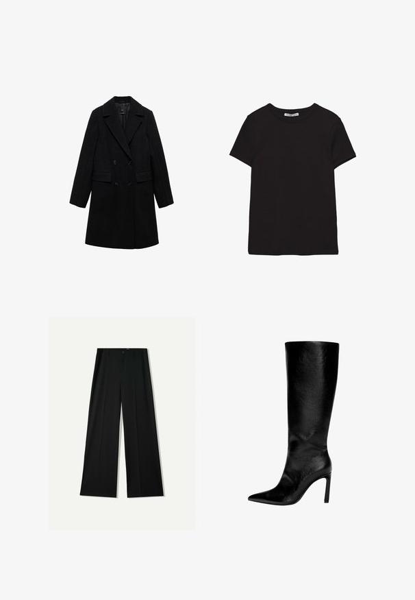 Sort uldblandings dobbeltradet frakke med notch-lapel, to forlommer og sorte knapper, med et glat, struktureret design.; Sort kortærmet t-shirt i bomuld med rund halsudskæring, standard pasform og synlig indvendig halsmærkat.; Bershka WIDE - Bukser - black; Knæhøj sort læderstøvle med spids tå, høj stiletthæl, glat finish og et enkelt, strømlinet design uden pynt.