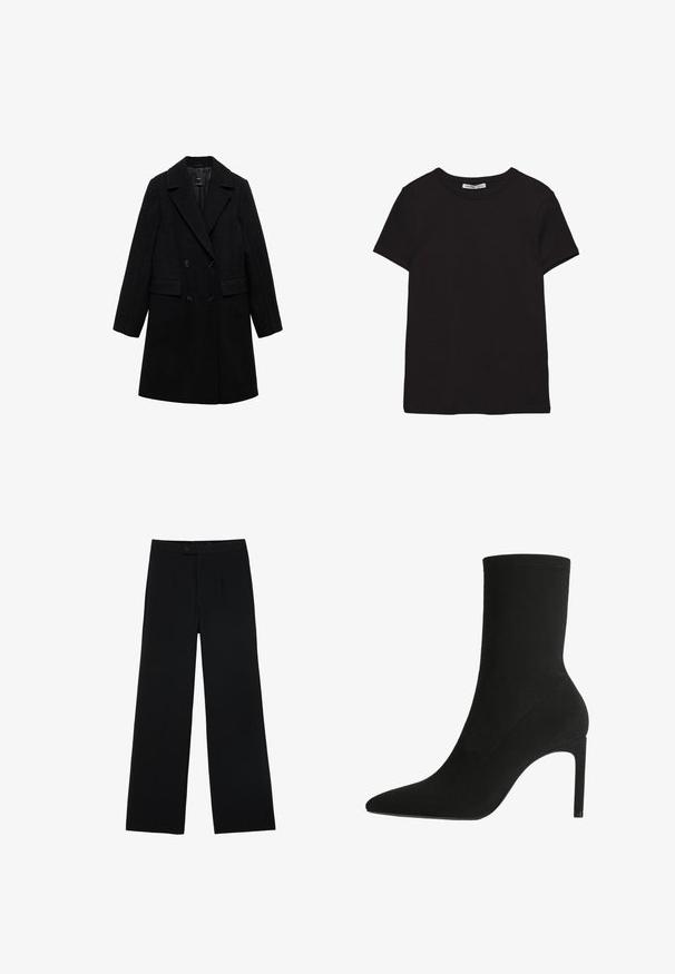 Sort uldblandings dobbeltradet frakke med notch-lapel, to forlommer og sorte knapper, med et glat, struktureret design.; Sort kortærmet t-shirt i bomuld med rund halsudskæring, standard pasform og synlig indvendig halsmærkat.; Sorte vidde bukser lavet af glat stof, med en frontknaplukning og to plissee for ekstra detaljer. Skræddersyet design i det hele taget.; Sort ankelstøvle fremstillet af blødt suede, med spids tå og høj stilettohæl. Minimalistisk design uden synligt hardware eller mønstre.