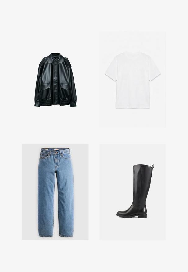 Schwarze Kunstlederjacke mit weitem Kragen, Schulterklappen, aufgesetzten Taschen vorne und elastischem, gerafftem Saum, flach auf weißem Hintergrund liegend.; Schlichtes weißes T-Shirt mit kurzen Ärmeln und Rundhalsausschnitt, flach auf weißem Hintergrund liegend.; Helleblaue Denim-Jeans mit geradem Bein, fünf Taschen, einem Reißverschluss und einer subtilen, verwitterten Textur. Klassisches Design mit minimalem Hardwareeinsatz.; Schwarz Leder Stiefel bis zum Knie mit glatter Oberfläche, runder Spitze, tiefem Absatz und Zugschlaufe hinten. Minimalistisches Design ohne sichtbare Muster.