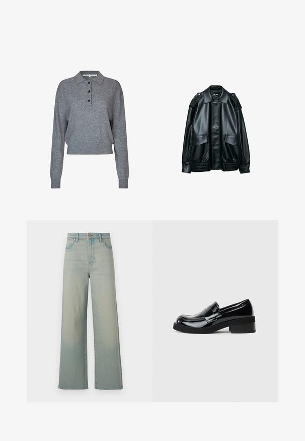 Sort jakke i imiteret læder med bred krave, skulderpuder, forlommer med klap og elastisk, rynket kant, lagt fladt på hvid baggrund.; Grå strikket pullover med krave, tre sorte knapper, lange ærmer og cropped kant. Blødt tekstur og enkle design detaljer.; Wrangler LOOSE STRAIGHT - Loose-jeans - silver lake; Sorte patenterede lædersko med rund tå, lav blokhæl og en glat, blank finish. Har en dekorativ rem over forsiden.