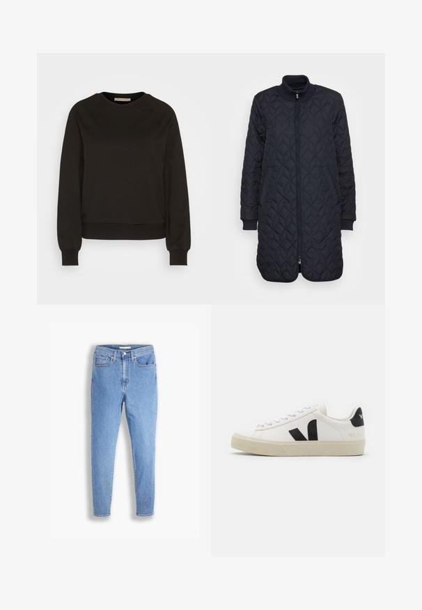 Gequilte marineblauwe lange jas met een ritssluiting aan de voorkant, ribgebreide kraag en manchetten, voorzien van zijzakken en een ruitpatroon textuur.; Zwarte sweatshirt met een ronde halslijn, lange raglanmouwen, elastische manchetten en een aansluitende zoom. Gemaakt van zachte stof, minimalistisch ontwerp.; Lichtblauwe hoge taille slim-fit jeans met voor- en achterzakken, knoopsluiting en riemlussen op een witte achtergrond.; Witte leren sneaker met zwart rubberen V-logo. Getextureerde off-white zool, witte veters en een achterkant met een detail van de merknaam in het zwart.