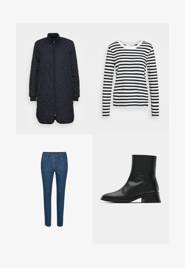 Quiltet navy blue lang jakke med frontlynlås, ribbet krave og cuffs, med sidelommer og en diamantmønster tekstur.; Stripet langærmet skjorte i sort og hvid med rund halsudskæring og en afslappet pasform. Materiale i bomuld med en glat tekstur.; Blå denim slim-fit jeans med frontknap og lynlås, bæltestropper og lommer foran og bagpå.; Sort ankelstøvle lavet af blank læder, med et strømlinet design, spids tå og en moderat blokhælhøjde for stabilitet.
