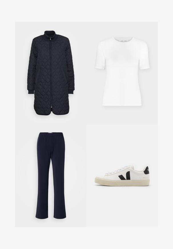 Quiltet navy blue lang jakke med frontlynlås, ribbet krave og cuffs, med sidelommer og en diamantmønster tekstur.; Hvid T-shirt med rund hals, korte ærmer, slank pasform og ribbet stofstruktur, vist på en ensfarvet lys grå baggrund.; Marineblå bukser med lige ben lavet af strækstof med elastisk talje og to forlommer. Glat tekstur uden synlige mønstre.; Hvide lædersneakers med sort gummiv V-logo. Tekstureret off-white sål, hvide snørebånd og bagside med brandnavn i sort.