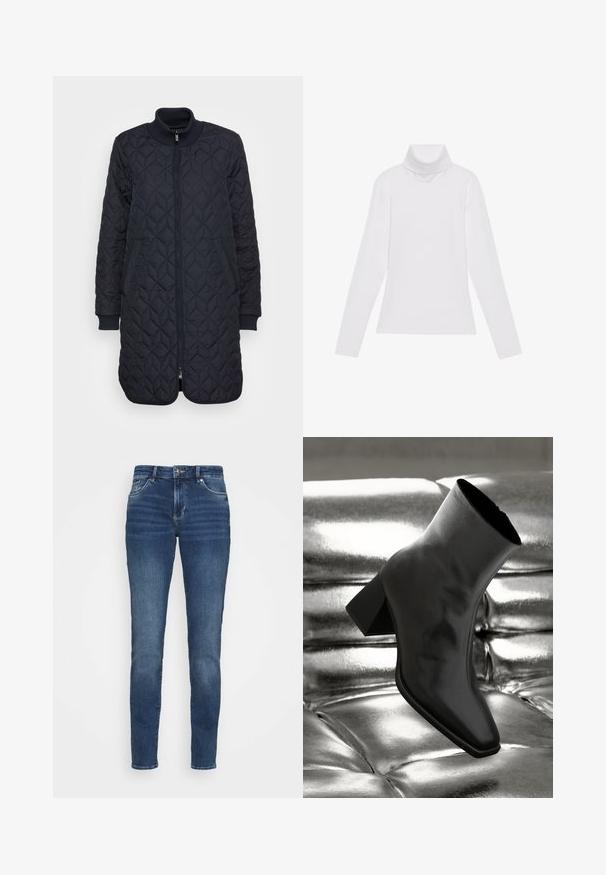 Gepatchter dunkelblauer langer Mantel mit einem Frontreißverschluss, geripptem Kragen und Bündchen, seitlichen Taschen und einer rautenförmigen Textur.; Weißes Langarm-Turtleneck-Oberteil aus glattem, elastischem Stoff. Mit hohem Kragen und tailliertem Schnitt, ohne sichtbare Muster oder Verzierungen.; Dunkelblaue Denim-Jeans mit einer taillierten Passform, fünf Taschen, leichten Verwaschungen an der Vorderseite und Metallbeschlägen am Bund und an den Taschen.; Schwarzer Knöchelstiefel aus glänzendem Material mit quadratischer Zehenform und verjüngtem Absatz, vor einem glänzenden silbernen gepolsterten Hintergrund.