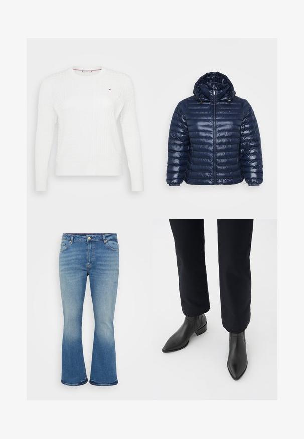 Marineblå pufferjakke med hætte, der har et quiltet design, blank tekstur, frontlynlås og elastiske manchetter for en sikker pasform.; Hvid strikket sweater med et struktureret diamantmønster, rund halsudskæring og lange ærmer. Lille logoaccent på brystet.; Lyseblå flagrende jeans med denimtekstur, fem-lomme design, messingknap lukning og falming på lår og underben.; Sorte læder ankelstøvler med spids tå, blokhæl og teksturerede sidepaneler, båret med mørke bukser mod en hvid baggrund.