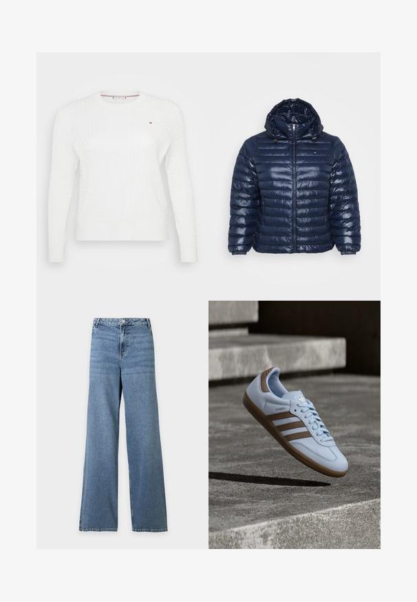 Marineblå pufferjakke med hætte, der har et quiltet design, blank tekstur, frontlynlås og elastiske manchetter for en sikker pasform.; Hvid strikket sweater med et struktureret diamantmønster, rund halsudskæring og lange ærmer. Lille logoaccent på brystet.; Blå højtaljede jeans med vide ben, forrest med knap- og lynlåslukning samt klassisk fem-lomme-design på ensfarvet baggrund.; Lyseblå sneakers med brune ruskindsdetaljer, tre laterale striber, flade snørebånd og en tekstureret gummisål. Mærkelogo på tungen.