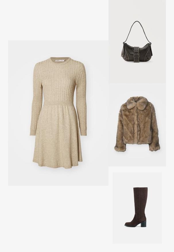 Veste cropped en fausse fourrure marron avec un col arrondi, des manches longues et une surface douce et texturée. Détails de couture subtils sur le devant.; Robe en tricot côtelé beige avec des manches longues, un col rond, une taille cintrée et une jupe évasée. Texture douce avec une légère variation de couleur.; Bottes marron en daim à hauteur de genou avec un talon carré et une finition lisse. Bout arrondi et détails de couture distincts sur la tige.; Sac à épaule en cuir noir avec une sangle à boucle, des bords arrondis et des coutures blanches contrastées sur un fond uni.