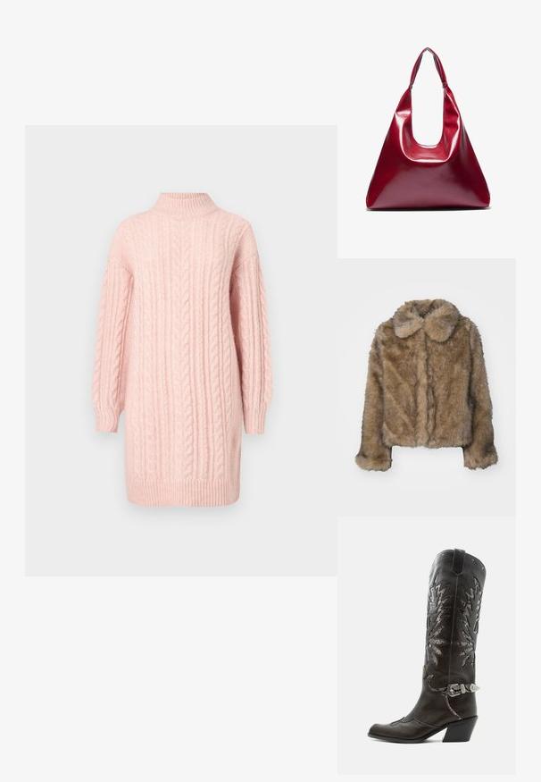 Brun kunstpels cropped jakke med en rund krave, lange ærmer og en blød, tekstureret overflade. Subtil sømdetaljering langs fronten.; Blød lyserød kabelstrikket sweaterkjole med lange ærmer og ribbet høj hals, kant og manchetter på en hvid baggrund.; Sort læder cowboystøvle med dekorative udskæringer, sølvspænde og skrå hæl, vist på hvid baggrund.; Rød blank lædertaske med en trekantet form, bred åbning foroven og et enkelt buet håndtag. Glat tekstur med minimale sømdetaljer.