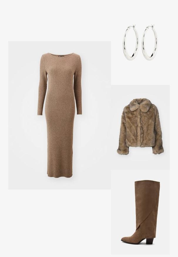 Braune Kunstfell-gekürzte Jacke mit rundem Kragen, langen Ärmeln und einer weichen, strukturierten Oberfläche. Subtile Nahtdetails an der Vorderseite.; Langärmliges, geripptes Kleid in einem warmen Braunton, mit rundem Ausschnitt und taillierter Passform, das bis zu den Knöcheln reicht.; Brauner kniehoher Veloursleder-Stiefel mit gefaltetem Detail und mittelhohem Blockabsatz, seitlich auf weißem Hintergrund gezeigt.; Silberne Creolen mit einer glatten, glänzenden Oberfläche. Kreisform, ausgestattet mit einem sicheren Verschluss. Einfaches und elegantes Design.