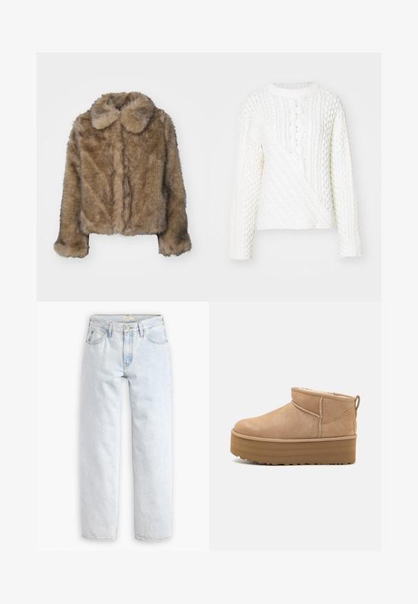 Brun kunstpels cropped jakke med en rund krave, lange ærmer og en blød, tekstureret overflade. Subtil sømdetaljering langs fronten.; Hvid strikket sweater med et tekstureret kabelmønster, rund halsudskæring og lange ærmer. Designet inkluderer en diagonalt frontsektion.; Lyseblå, lige ben denim jeans med høj talje, der har fem lommer, en frontknaplukning og synlige syninger.; Beige ruskinds ankelstøvler med et blødt indre, der har en platformssål og en strop bagpå for nem påtagning. Tekstureret gummisål.