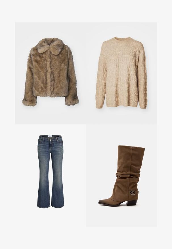 Braune Kunstfell-gekürzte Jacke mit rundem Kragen, langen Ärmeln und einer weichen, strukturierten Oberfläche. Subtile Nahtdetails an der Vorderseite.; Beige Strickpullover mit strukturiertem Zopfmuster, rundem Ausschnitt und langen Ärmeln. Der Stoff wirkt weich und voluminös.; Blaue, verwaschene Schlagjeans mit Vorderknopf, fünf Taschen und sichtbarem Markenschild am Bund.; Brauner, lockerer Stiefel bis zur Mitte der Wade mit spitzer Schuhspitze, niedrigem Blockabsatz und dekorativem Schnallenriemen nahe dem Knöchel auf weißem Hintergrund.