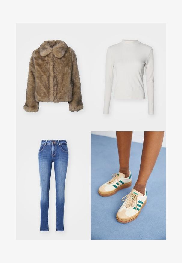 Veste cropped en fausse fourrure marron avec un col arrondi, des manches longues et une surface douce et texturée. Détails de couture subtils sur le devant.; Haut à manches longues beige clair côtelé avec col montant et texture lisse, présentant une coupe ajustée et des accents de design minimalistes.; Jeans skinny en denim de couleur bleu moyen. Comprend cinq poches, une fermeture à bouton et un léger dégradé près des genoux.; Baskets beiges avec des rayures vert foncé, semelle en caoutchouc, tige en daim et textile, et accessoires neutres, associées à des chaussettes brunes sur une surface bleu clair.