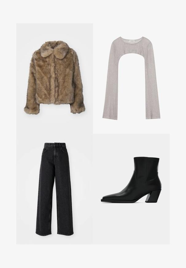 Brun kunstpels cropped jakke med en rund krave, lange ærmer og en blød, tekstureret overflade. Subtil sømdetaljering langs fronten.; Sølvmetalisk strikket bolero-sweater med lange ærmer og bred halsudskæring, mærket Even & Odd.; Sorte højtaljede brede bukser lavet af denim, præget af et klassisk fem-lomme design og subtile syninger.; Sortlæder ankelstøvle med spids tå, en slank silhuet og en kraftig firkantet hæl. Glat tekstur med minimale stikninger.
