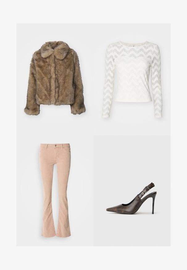 Brun kunstpels cropped jakke med en rund krave, lange ærmer og en blød, tekstureret overflade. Subtil sømdetaljering langs fronten.; Hvid langærmet top med et zigzag blonde mønster, rund halsudskæring og en tætsiddende silhuet. Glat tekstur med let glans.; Lysrosa fløjl flared jeans med subtil ribbet tekstur, frontlommer, lynlås og knaplukning, samt en let falmning langs benene.; Brune læder slingback højhælede sko med spids tå, justerbar spænde og sort stiletto hæl på ensfarvet baggrund.