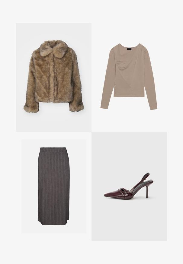 Braune Kunstfell-gekürzte Jacke mit rundem Kragen, langen Ärmeln und einer weichen, strukturierten Oberfläche. Subtile Nahtdetails an der Vorderseite.; Langärmliges, beiges Oberteil aus weichem Stoff. Verfügt über ein gedrehtes Frontdesign und einen V-Ausschnitt. Hat eine figurbetonte Silhouette mit minimalen Nähten.; Dunkelgrauer Bleistiftrock mit dünnen weißen vertikalen Nadelstreifen und kleinem seitlichem Schlitz auf einfarbigem Hintergrund.; Bordeauxroter Slingback-Pumps aus Lackleder mit spitz zulaufender Vorderkappe, dünnem Knöchelriemen und kleiner dekorativer Schnalle. Glatte Textur und hoher Absatz.