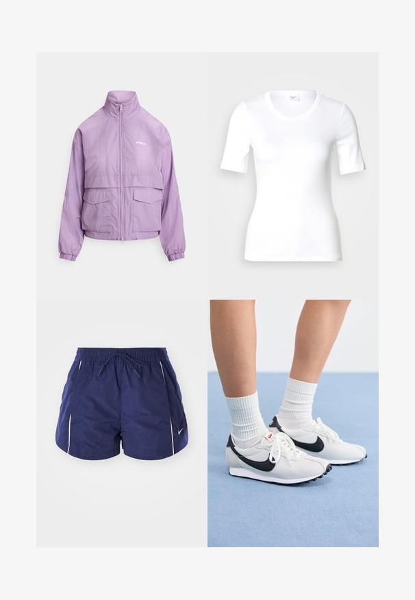 Sirelililla lukuga jakk kõrge kraega, kahe suure esist taskuga klappidega, elastsete mansettidega ja rinnal "POLO" logo.; Valge lühikeste varrukatega T-särk, mis on valmistatud siledast puuvillast, ümar kaelusega ja keha järgiva lõikega. Klassikaline disain, ilma mustrite või aktsentideta.; Tumesinine sportlikud lühikesed püksid kergest materjalist, millel on paelaga vöökoht ja valged küljeaktsendid. Lühikesed, lõdva istuvusega.; Valged võrgusilma tossud mustade aktsentidega, ümmargune varvas ja lame kummist talla. Kombineeritud ribakujuliste valgete sokkidega.