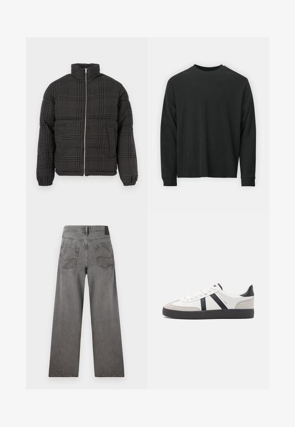 Donzen jas in donkergrijs met een geruit patroon, voorzien van een hoge kraag, een frontritssluiting en elastische manchetten en zoom.; Zwarte longsleeve T-shirt van katoen, met een ronde halslijn, een losse pasvorm en geribbelde boorden. Glad oppervlak zonder zichtbare patronen.; Grijze wijdvallende spijkerbroek met twee achterzakken en een tailleband met ceintuurlussen, plat van achteren weergegeven.; Witte sneaker met zwarte en grijze accenten, voorzien van een grijze neus met textuur, zwarte rubberen zool en platte witte veters. Schoon ontwerp, minimalistische stijl.