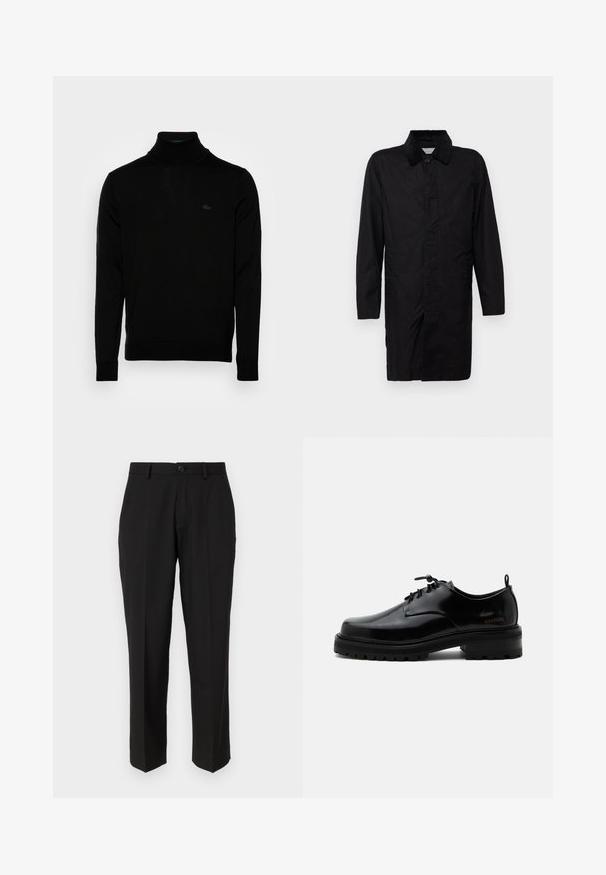 Selected SLHWALTER WAXED - Pitkä takki - black; Musta poolsinine neule, ribattua pintaa, pitkät hihat, tiukka muotoilu, huomaamaton Lacoste-logo rinnassa, keskivahva neulosmateriaali.; Mustat housut, jotka on valmistettu sileästä kankaasta, suoran lahkeen muotoilulla, etutaskuilla, yhdellä napilla kiinnitettävänä ja ilman näkyviä kuvioita.; Musta kiillotettua nahkaa oleva nauhallinen kenkä, jossa paksu kumipohja ja matala korko, sivulla bränditeksti "SAMSOE" ja takana vetolenkki.