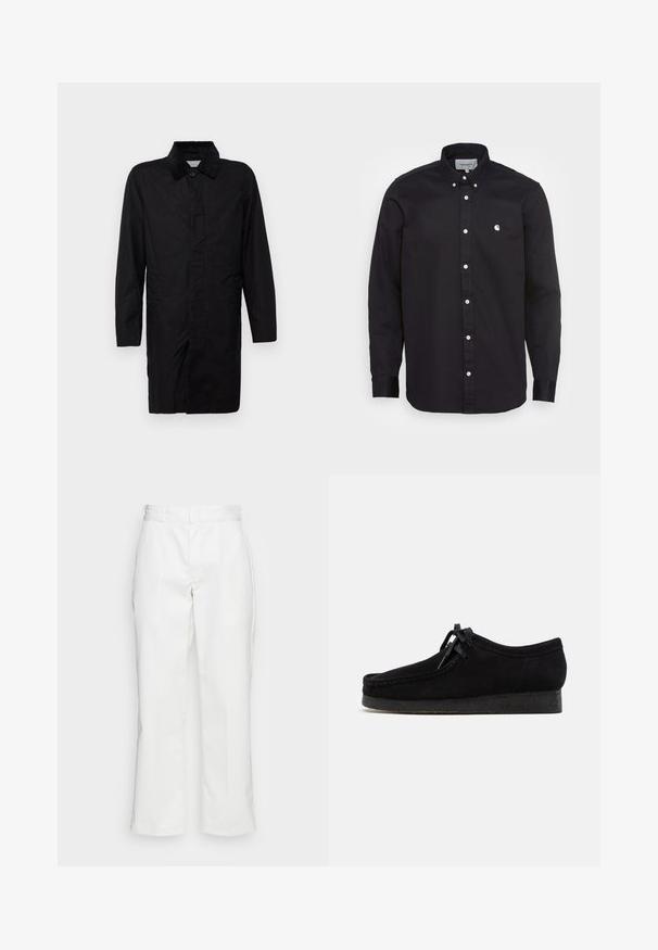 Selected SLHWALTER WAXED - Korte frakker - black; Sort skjorte med knaplukning lavet af bomuld, med spidse kraver, lange ærmer og et lille hvidt logo på venstre bryst. Har hvide knapper.; Hvide bomuldsbukser med lige ben-design, bæltestropper og sidelommer, med en glat overflade og minimal detajlering.; Sorte ruskindsko med rund tådesign, snørebånd foran og en struktureret sort gummisål. Glat overflade med diskret syningsdetalje.