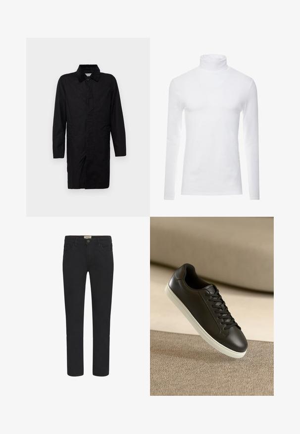 Selected SLHWALTER WAXED - Lühike jakk - black; Valge pika varrukaga kõrge kaelusega särk, mis on valmistatud pehmest ja venivast kangast. Omab kõrget kaelust ja kitsast disaini, andes voolujoonelise silueti.; Mustad denim teksad otse lõikega, viie tasku kujundusega ja ees nupuga kinnitusega. Sile tekstuur koos peente õmblusdetailidega.; Mustad nahast tennisetossud valge kummist tallaga ja mustade paeltega, paigutatud beežile kangapinnale ja -taustale.
