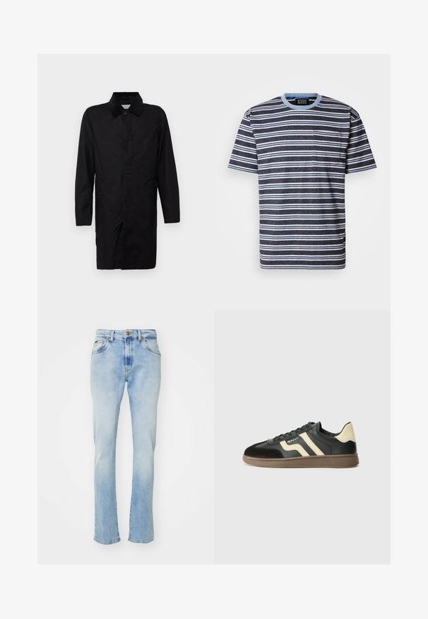 Selected SLHWALTER WAXED - Pitkä takki - black; Scotch & Soda DYE STRIPE - Printtipaita - blue; Vaaleansiniset denim-farkut suoran mallin, joissa on viisi taskua, nappisuljenta ja hillitty haalistuminen reisi- ja lahjealueilla.; Musta ja beige lenkkari, jossa on sileä nahkainen päällinen, mokkanahkaa varpaassa ja teksturoitu ruskea kumipohja. Korostaa erottuvia raitoja.