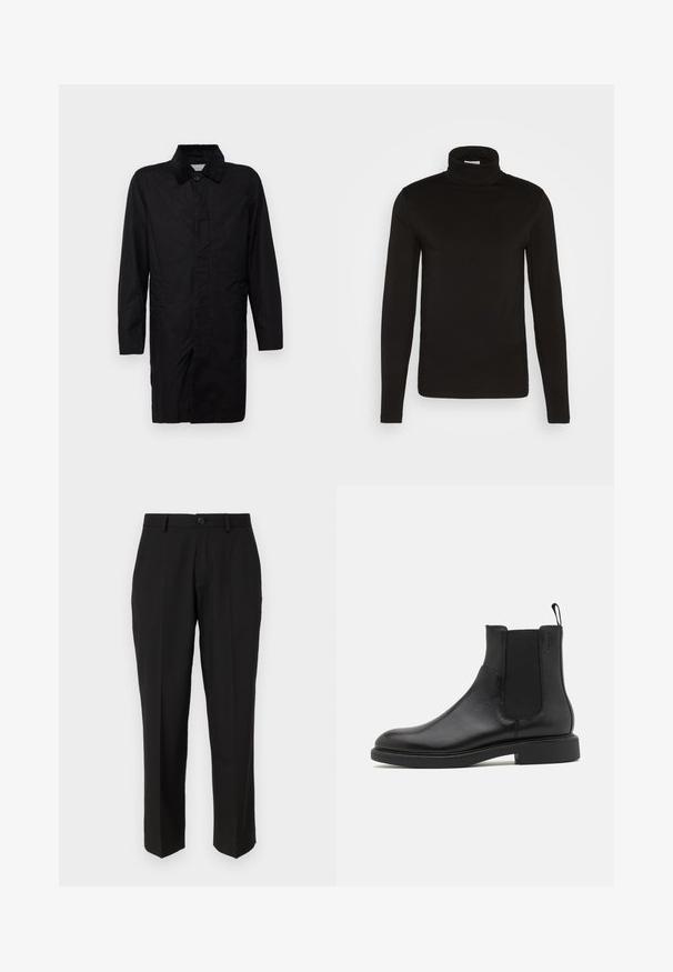 Selected SLHWALTER WAXED - Kurzmantel - black; Schwarz, langärmliges Turtleneck-Shirt aus einem glatten Stoff mit figurnaher Passform und hohem, enganliegendem Kragen. Keine sichtbaren Muster oder Akzente.; Schwarze Hosen aus glattem Stoff mit geradem Bein, Fronttaschen, einem einzigen Knopfverschluss und ohne sichtbare Muster.; Schwarze Leder-Ankle-Boots mit glatter Textur, elastischen Seitenpaneelen und einer Zuglasche. Runde Zehenpartie und flache Gummisohle mit minimalem Profil.