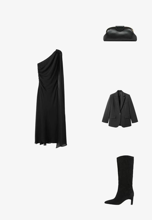 Zwart colbert van gladde stof, met een inkeping op de revers, enkele knoopsluiting en twee voorzakken. Eenvoudig, op maat gemaakt ontwerp.; Zwarte, off-shoulder jurk met gedrapeerd stof, plooien op het lijfje en een vloeiende rok. Glad materiaal en enkellange ontwerp.; Zwarte suède laars tot de knie met een spitse neus en een bescheiden hak. Gladde textuur zonder zichtbare versieringen of patronen.; Zwarte leren clutch met gouden metalen frame en drukknoopsluiting op een witte achtergrond.