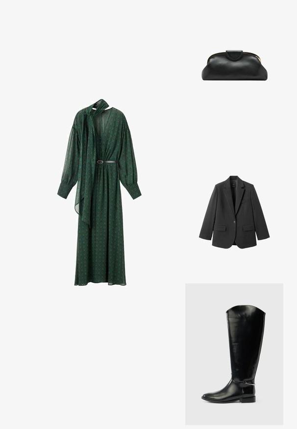 Zwart colbert van gladde stof, met een inkeping op de revers, enkele knoopsluiting en twee voorzakken. Eenvoudig, op maat gemaakt ontwerp.; Lange groene jurk met een bloemenpatroon, voorzien van een striknek, volumineuze mouwen en een riem die de taille accentueert. Gemaakt van lichtgewicht stof.; Hoge zwarte leren laars met een puntige neus, lage hak en zilverkleurig metalen detail bij de enkel, afgebeeld op een effen witte achtergrond.; Zwarte leren clutch met gouden metalen frame en drukknoopsluiting op een witte achtergrond.